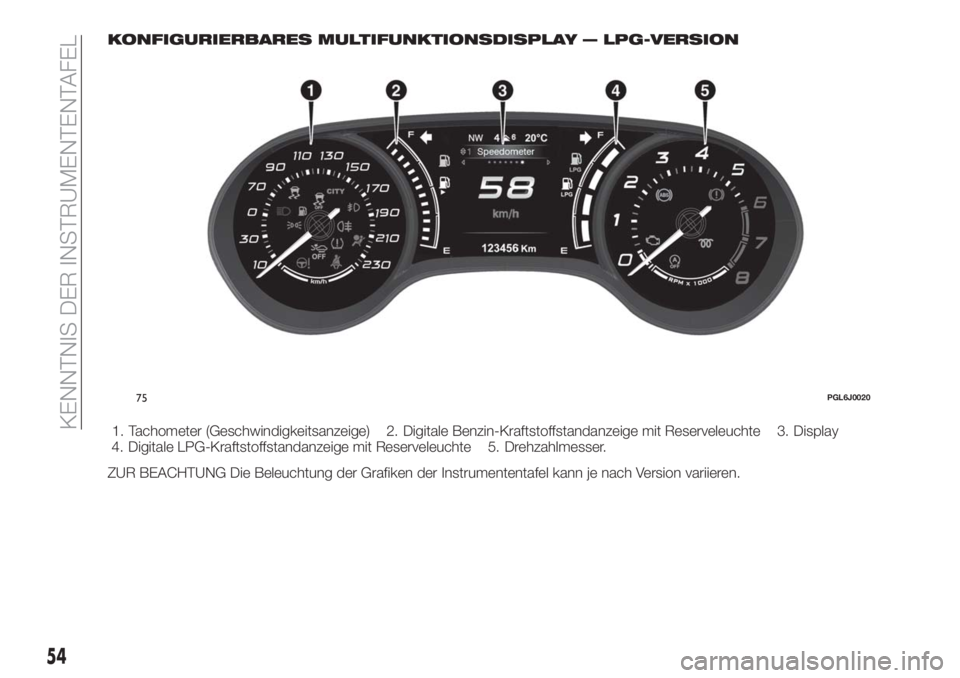 FIAT TIPO 5DOORS STATION WAGON 2018  Betriebsanleitung (in German) KONFIGURIERBARES MULTIFUNKTIONSDISPLAY — LPG-VERSION
1. Tachometer (Geschwindigkeitsanzeige) 2. Digitale Benzin-Kraftstoffstandanzeige mit Reserveleuchte 3. Display
4. Digitale LPG-Kraftstoffstandan