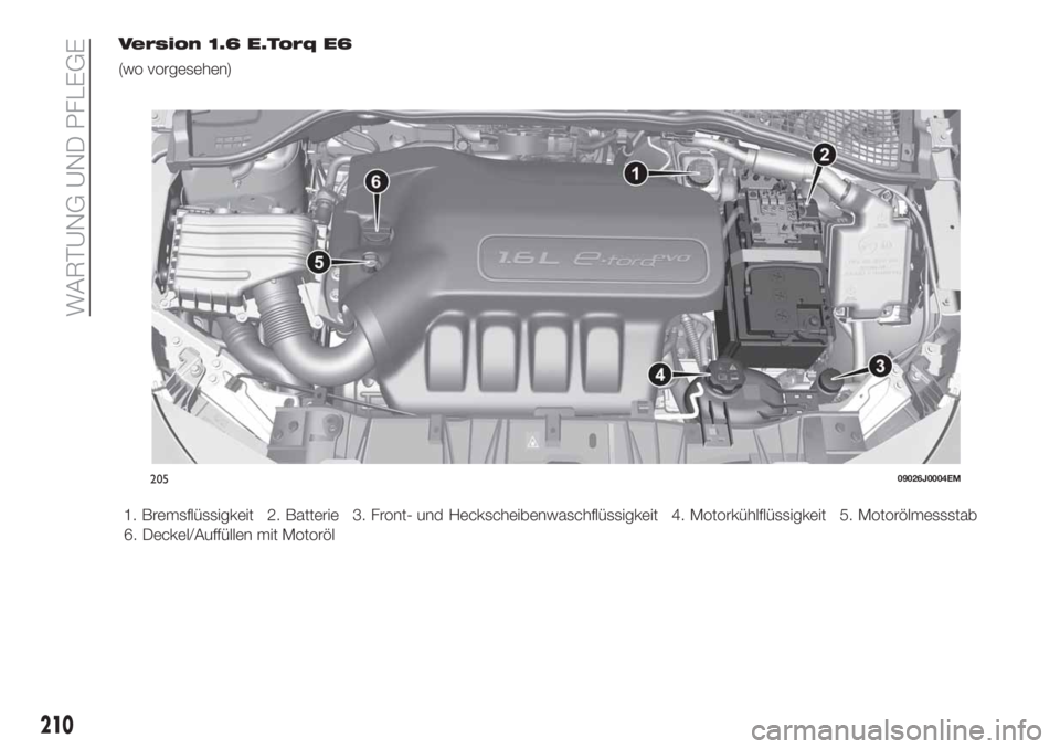 FIAT TIPO 5DOORS STATION WAGON 2020  Betriebsanleitung (in German) Version 1.6 E.Torq E6
(wo vorgesehen)
1. Bremsflüssigkeit 2. Batterie 3. Front- und
Heckscheibenwaschflüssigkeit 4. Motorkühlflüssigkeit 5. Motorölmessstab
6. Deckel/Auffüllen mit Motoröl
20509