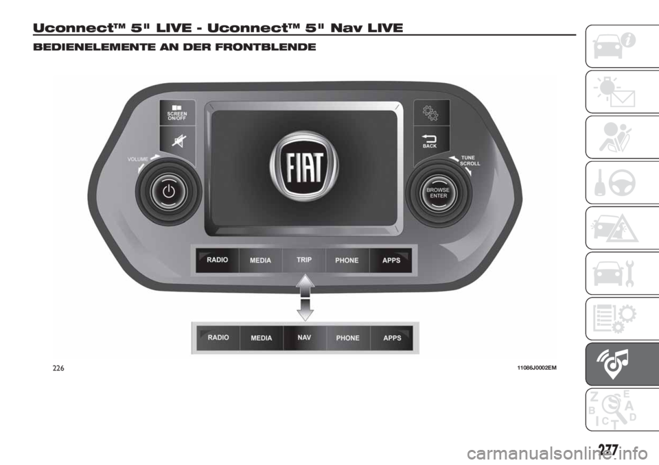 FIAT TIPO 5DOORS STATION WAGON 2020  Betriebsanleitung (in German) Uconnect™ 5" LIVE - Uconnect™ 5" Nav LIVE
BEDIENELEMENTE AN DER FRONTBLENDE
22611086J0002EM
277 
