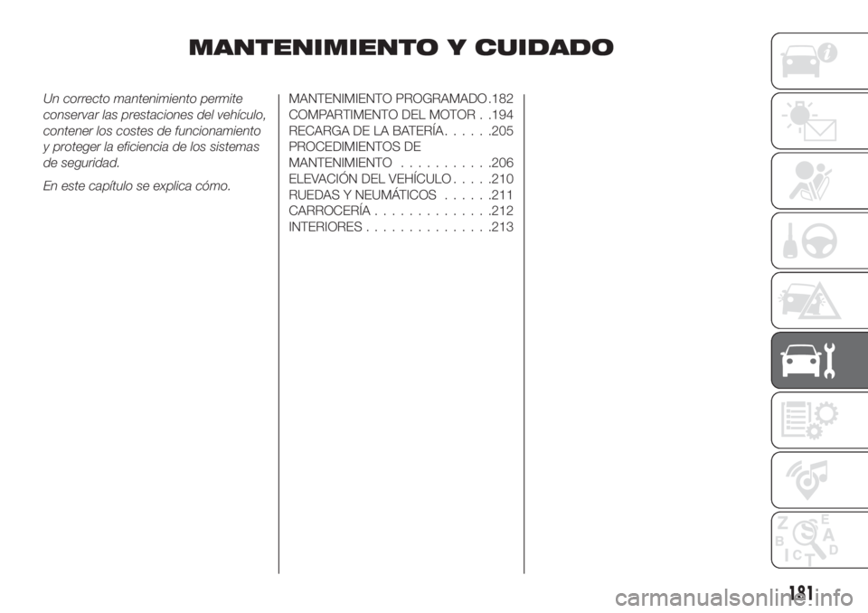 FIAT TIPO 5DOORS STATION WAGON 2018  Manual de Empleo y Cuidado (in Spanish) MANTENIMIENTO Y CUIDADO
Un correcto mantenimiento permite
conservar las prestaciones del vehículo,
contener los costes de funcionamiento
y proteger la eficiencia de los sistemas
de seguridad.
En este