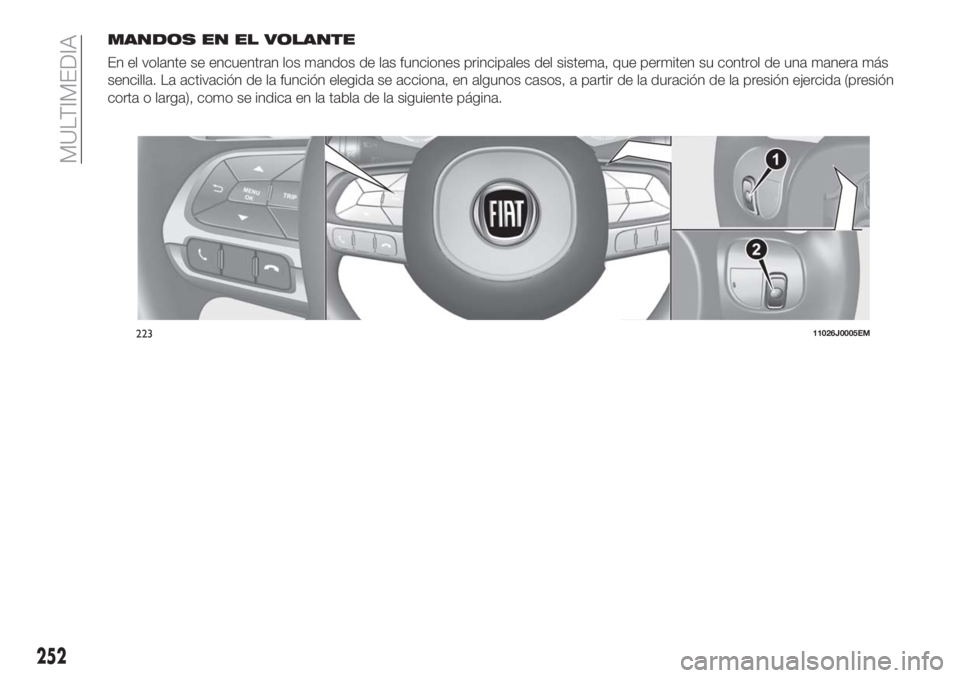 FIAT TIPO 5DOORS STATION WAGON 2018  Manual de Empleo y Cuidado (in Spanish) MANDOS EN EL VOLANTE
En el volante se encuentran los mandos de las funciones principales del sistema, que permiten su control de una manera más
sencilla. La activación de la función elegida se acci