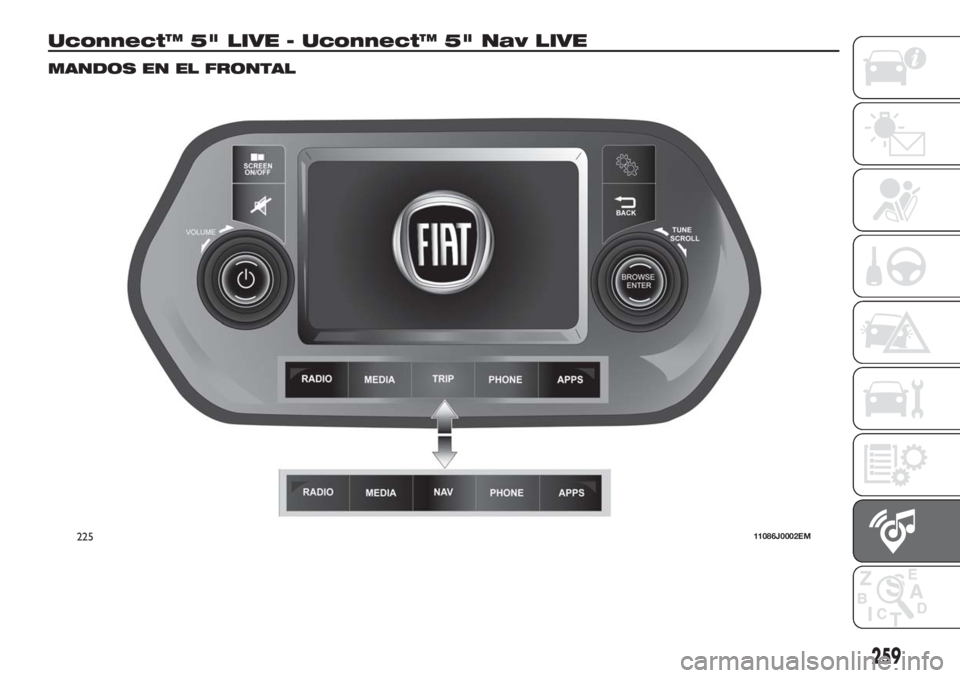 FIAT TIPO 5DOORS STATION WAGON 2018  Manual de Empleo y Cuidado (in Spanish) Uconnect™ 5" LIVE - Uconnect™ 5" Nav LIVE
MANDOS EN EL FRONTAL
22511086J0002EM
259 