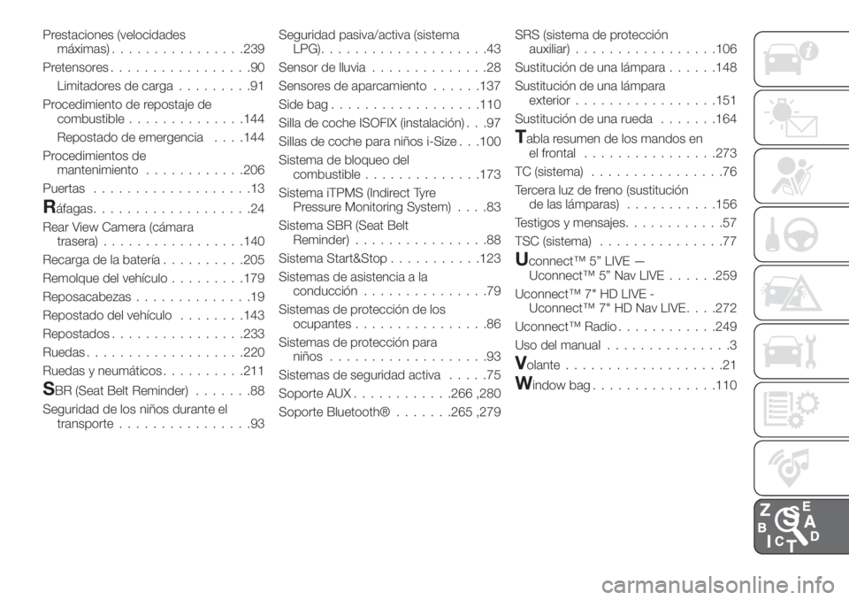 FIAT TIPO 5DOORS STATION WAGON 2018 Manual de Empleo y Cuidado (in Spanish) Prestaciones (velocidades
máximas)................239
Pretensores.................90
Limitadores de carga.........91
Procedimiento de repostaje de
combustible..............144
Repostado de emergencia FIAT TIPO 5DOORS STATION WAGON 2018 Manual de Empleo y Cuidado (in Spanish) Prestaciones (velocidades
máximas)................239
Pretensores.................90
Limitadores de carga.........91
Procedimiento de repostaje de
combustible..............144
Repostado de emergencia