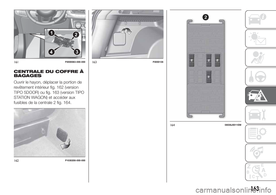 FIAT TIPO 5DOORS STATION WAGON 2020  Notice dentretien (in French) CENTRALE DU COFFRE À
BAGAGES
Ouvrir le hayon, déplacer la portion de
revêtement intérieur fig. 162 (version
TIPO 5DOOR) ou fig. 163 (version TIPO
STATION WAGON) et accéder aux
fusibles de la cent