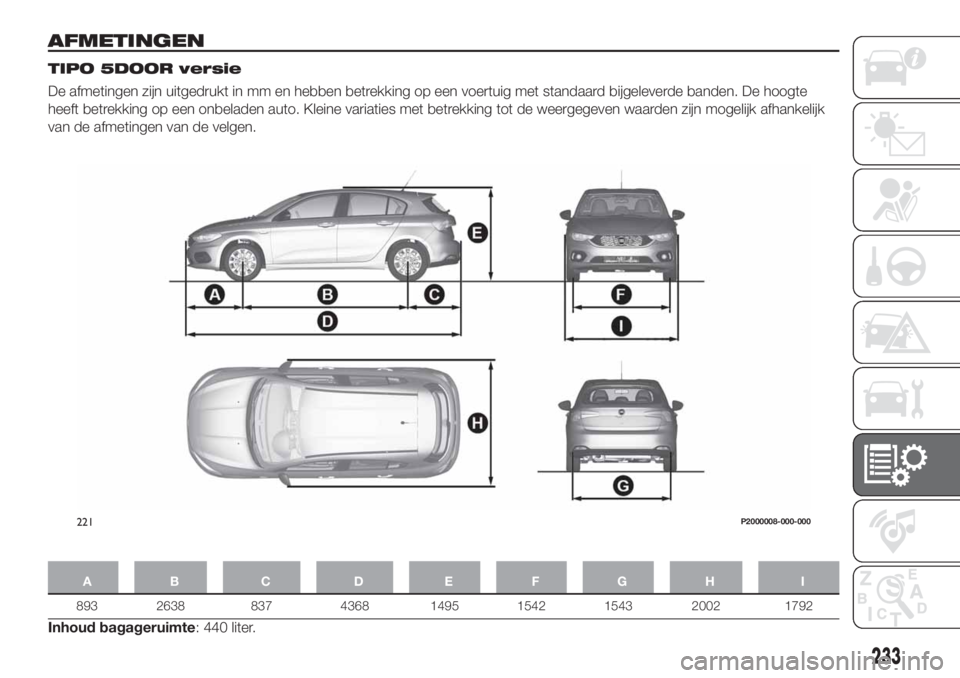 FIAT TIPO 5DOORS STATION WAGON 2019  Instructieboek (in Dutch) AFMETINGEN
TIPO 5DOOR versie
De afmetingen zijn uitgedrukt in mm en hebben betrekking op een voertuig met standaard bijgeleverde banden. De hoogte
heeft betrekking op een onbeladen auto. Kleine variat