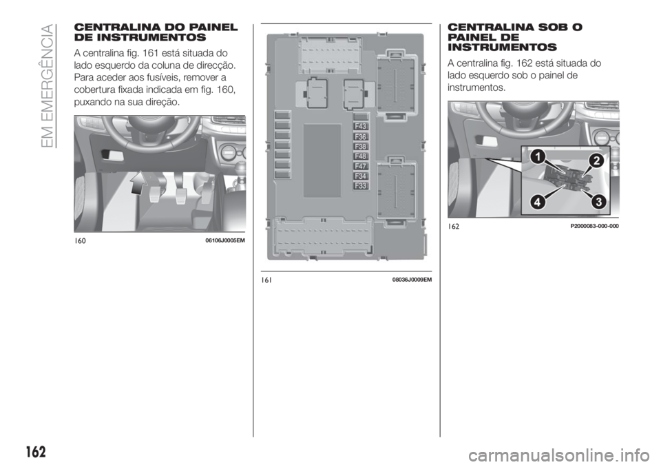 FIAT TIPO 5DOORS STATION WAGON 2018  Manual de Uso e Manutenção (in Portuguese) CENTRALINA DO PAINEL
DE INSTRUMENTOS
A centralina fig. 161 está situada do
lado esquerdo da coluna de direcção.
Para aceder aos fusíveis, remover a
cobertura fixada indicada em fig. 160,
puxando n