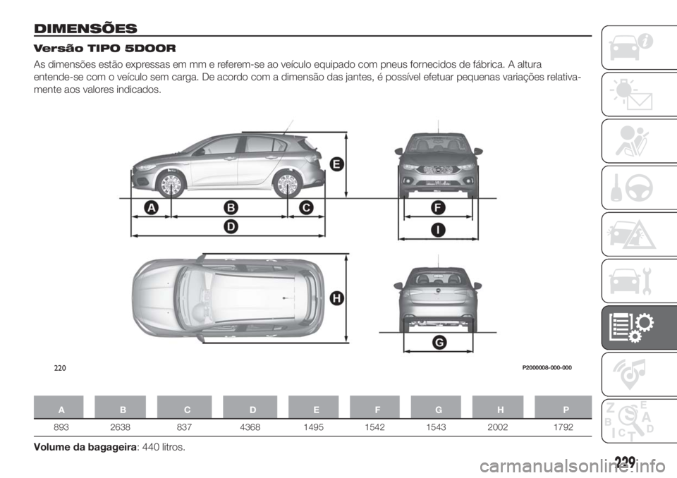 FIAT TIPO 5DOORS STATION WAGON 2018  Manual de Uso e Manutenção (in Portuguese) DIMENSÕES
Versão TIPO 5DOOR
As dimensões estão expressas em mm e referem-se ao veículo equipado com pneus fornecidos de fábrica. A altura
entende-se com o veículo sem carga. De acordo com a dim