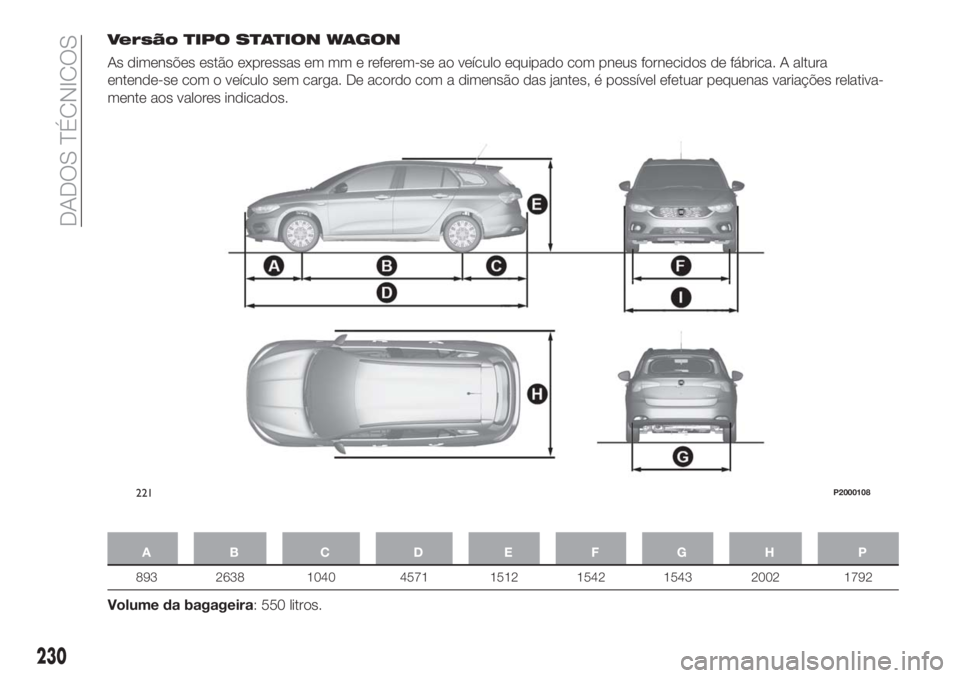 FIAT TIPO 5DOORS STATION WAGON 2018  Manual de Uso e Manutenção (in Portuguese) Versão TIPO STATION WAGON
As dimensões estão expressas em mm e referem-se ao veículo equipado com pneus fornecidos de fábrica. A altura
entende-se com o veículo sem carga. De acordo com a dimens