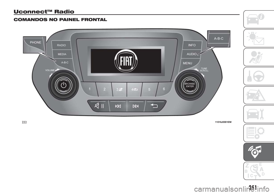 FIAT TIPO 5DOORS STATION WAGON 2018  Manual de Uso e Manutenção (in Portuguese) Uconnect™ Radio
COMANDOS NO PAINEL FRONTAL
22211016J0001EM
251 