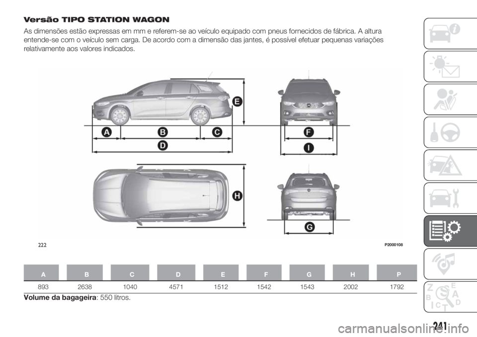 FIAT TIPO 5DOORS STATION WAGON 2020  Manual de Uso e Manutenção (in Portuguese) Versão TIPO STATION WAGON
As dimensões estão expressas em mm e referem-se ao veículo equipado com pneus fornecidos de fábrica. A altura
entende-se com o veículo sem carga. De acordo com a dimens