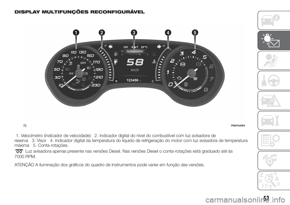 FIAT TIPO 5DOORS STATION WAGON 2020  Manual de Uso e Manutenção (in Portuguese) DISPLAY MULTIFUNÇÕES RECONFIGURÁVEL
1. Velocímetro (indicador de velocidade) 2. Indicador digital do nível do combustível com luz avisadora de
reserva 3. Visor 4. Indicador digital da temperatur