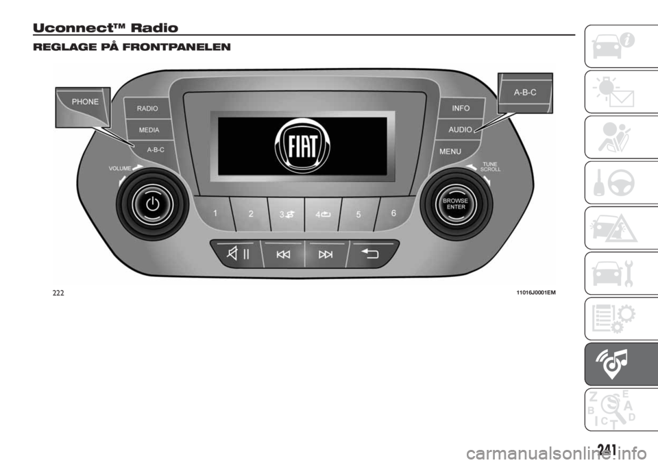 FIAT TIPO 5DOORS STATION WAGON 2018  Drift- och underhållshandbok (in Swedish) Uconnect™ Radio
REGLAGE PÅ FRONTPANELEN
22211016J0001EM
241 