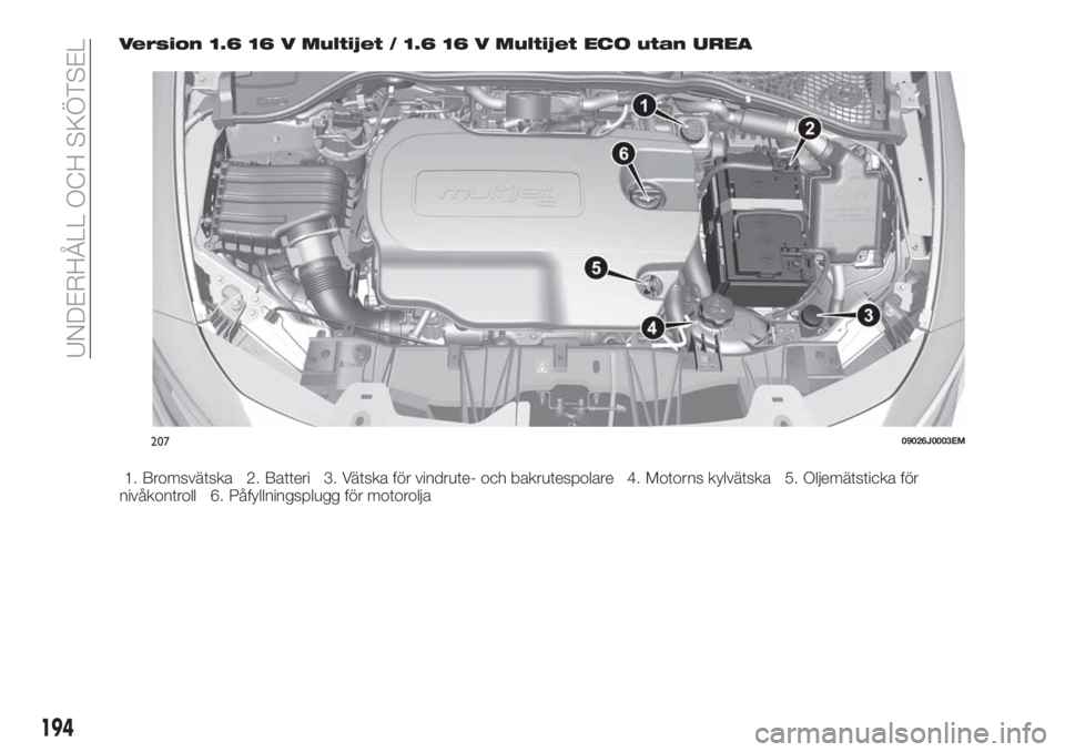 FIAT TIPO 5DOORS STATION WAGON 2020  Drift- och underhållshandbok (in Swedish) Version 1.6 16 V Multijet / 1.6 16 V Multijet ECO utan UREA
1. Bromsvätska 2. Batteri 3. Vätska för vindrute- och bakrutespolare 4. Motorns kylvätska 5. Oljemätsticka för
nivåkontroll 6. Påfyl