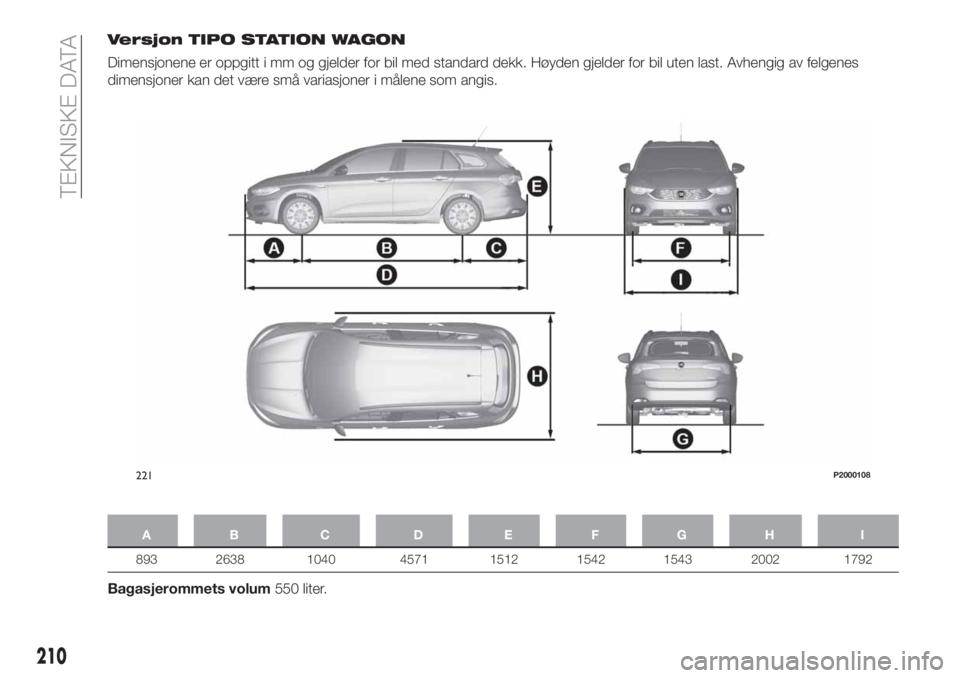 FIAT TIPO 5DOORS STATION WAGON 2018  Drift- og vedlikeholdshåndbok (in Norwegian) Versjon TIPO STATION WAGON
Dimensjonene er oppgitt i mm og gjelder for bil med standard dekk. Høyden gjelder for bil uten last. Avhengig av felgenes
dimensjoner kan det være små variasjoner i måle