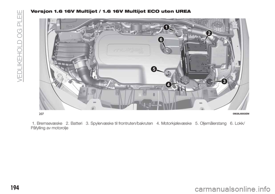 FIAT TIPO 5DOORS STATION WAGON 2019  Drift- og vedlikeholdshåndbok (in Norwegian) Versjon 1.6 16V Multijet / 1.6 16V Multijet ECO uten UREA
1. Bremsevæske 2. Batteri 3. Spylervæske til frontruten/bakruten 4. Motorkjølevæske 5. Oljemålerstang 6. Lokk/
Påfylling av motorolje
20