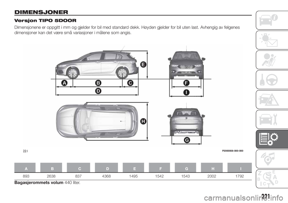 FIAT TIPO 5DOORS STATION WAGON 2019  Drift- og vedlikeholdshåndbok (in Norwegian) DIMENSJONER
Versjon TIPO 5DOOR
Dimensjonene er oppgitt i mm og gjelder for bil med standard dekk. Høyden gjelder for bil uten last. Avhengig av felgenes
dimensjoner kan det være små variasjoner i m