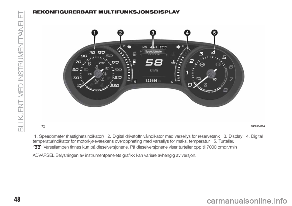 FIAT TIPO 5DOORS STATION WAGON 2019  Drift- og vedlikeholdshåndbok (in Norwegian) REKONFIGURERBART MULTIFUNKSJONSDISPLAY
1. Speedometer (hastighetsindikator) 2. Digital drivstoffnivåindikator med varsellys for reservetank 3. Display 4. Digital
temperaturindikator for motorkjølev