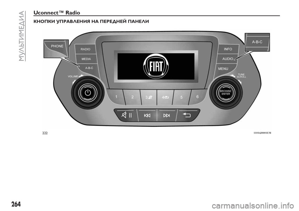 FIAT TIPO 5DOORS STATION WAGON 2018  Руководство по эксплуатации и техобслуживанию (in Russian) Uconnect™ Radio
КНОПКИ УПРАВЛЕНИЯ НА ПЕРЕДНЕЙ ПАНЕЛИ
22211016J0001EM
264
МУЛЬТИМЕД ИА 