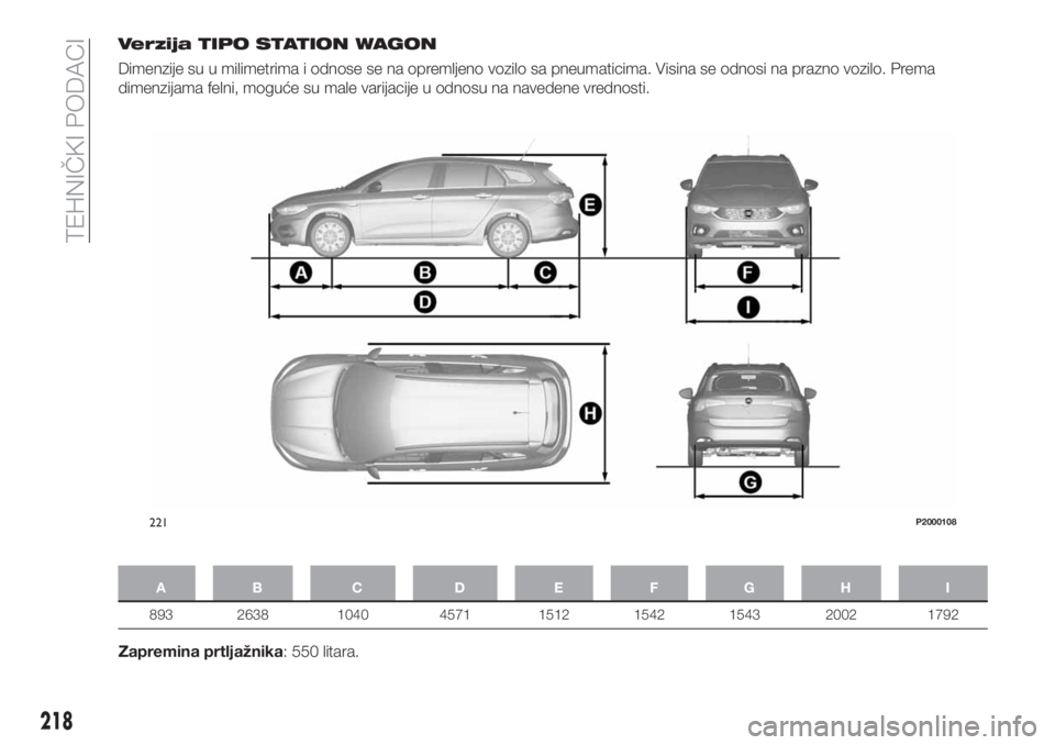 FIAT TIPO 5DOORS STATION WAGON 2018  Knjižica za upotrebu i održavanje (in Serbian) Verzija TIPO STATION WAGON
Dimenzije su u milimetrima i odnose se na opremljeno vozilo sa pneumaticima. Visina se odnosi na prazno vozilo. Prema
dimenzijama felni, moguće su male varijacije u odnosu 
