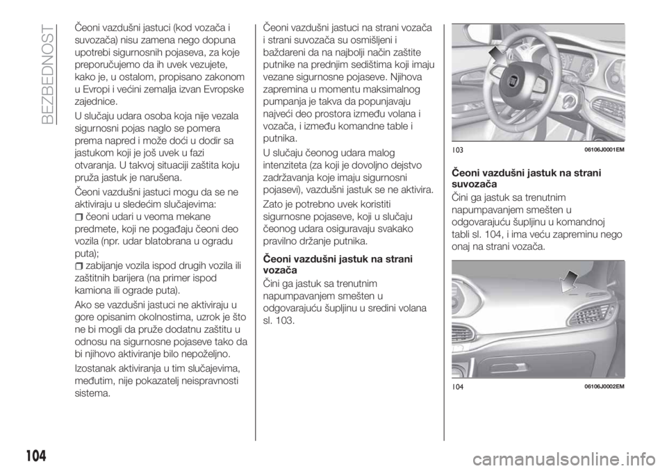 FIAT TIPO 5DOORS STATION WAGON 2020  Knjižica za upotrebu i održavanje (in Serbian) Čeoni vazdušni jastuci (kod vozača i
suvozača) nisu zamena nego dopuna
upotrebi sigurnosnih pojaseva, za koje
preporučujemo da ih uvek vezujete,
kako je, u ostalom, propisano zakonom
u Evropi i v