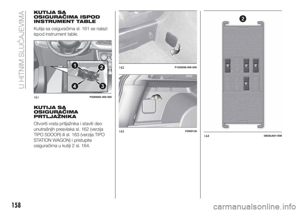 FIAT TIPO 5DOORS STATION WAGON 2020  Knjižica za upotrebu i održavanje (in Serbian) KUTIJA SA
OSIGURAČIMA ISPOD
INSTRUMENT TABLE
Kutija sa osiguračima sl. 161 se nalazi
ispod instrument table.
KUTIJA SA
OSIGURAČIMA
PRTLJAŽNIKA
Otvoriti vrata prtljažnika i staviti deo
unutrašnji