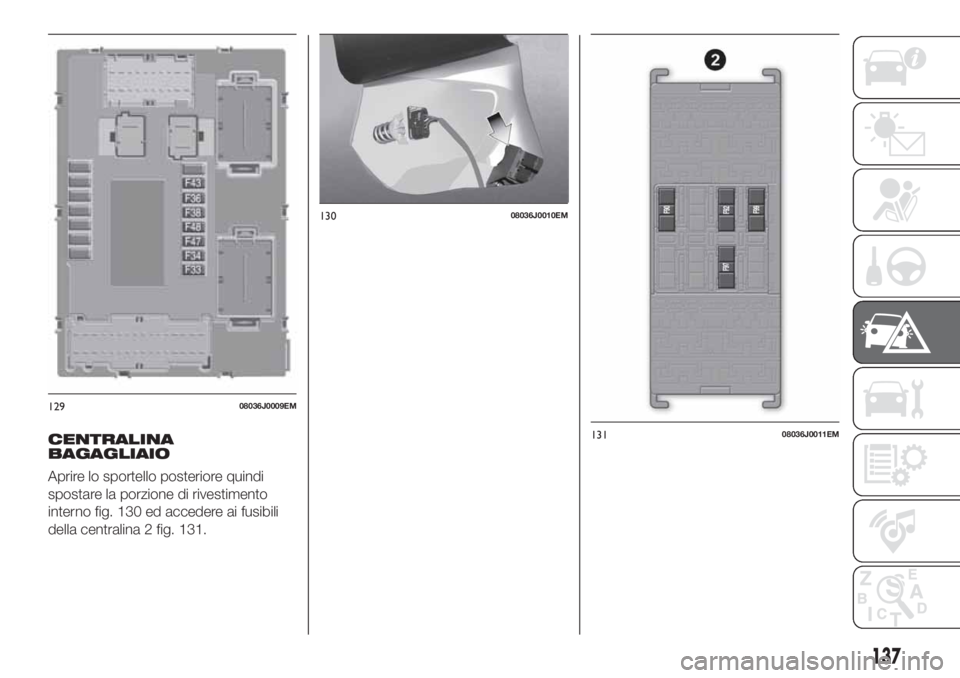 FIAT TIPO 4DOORS 2019  Libretto Uso Manutenzione (in Italian) CENTRALINA
BAGAGLIAIO
Aprire lo sportello posteriore quindi
spostare la porzione di rivestimento
interno fig. 130 ed accedere ai fusibili
della centralina 2 fig. 131.
12908036J0009EM
13008036J0010EM
1