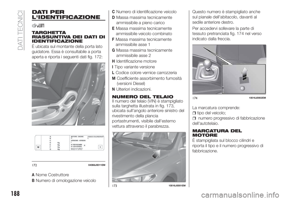 FIAT TIPO 4DOORS 2019 Libretto Uso Manutenzione (in Italian) DATI PER
L'IDENTIFICAZIONE
TARGHETTA
RIASSUNTIVA DEI DATI DI
IDENTIFICAZIONE
È ubicata sul montante della porta lato
guidatore. Essa è consultabile a porta
aperta e riporta i seguenti dati fig. FIAT TIPO 4DOORS 2019 Libretto Uso Manutenzione (in Italian) DATI PER
L'IDENTIFICAZIONE
TARGHETTA
RIASSUNTIVA DEI DATI DI
IDENTIFICAZIONE
È ubicata sul montante della porta lato
guidatore. Essa è consultabile a porta
aperta e riporta i seguenti dati fig.
