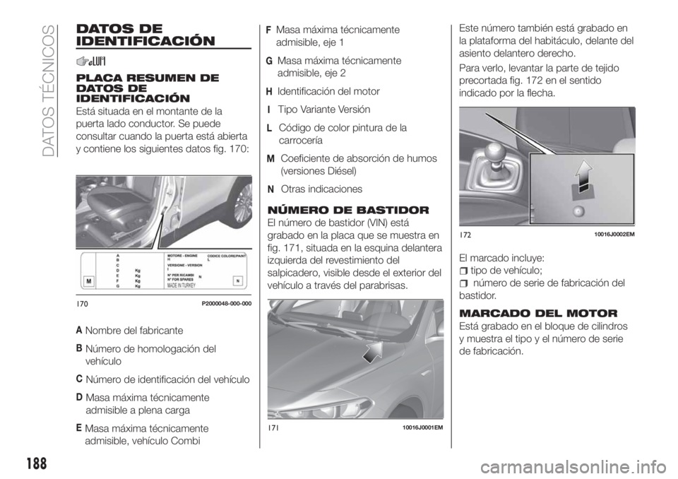 FIAT TIPO 4DOORS 2018  Manual de Empleo y Cuidado (in Spanish) DATOS DE
IDENTIFICACIÓN
PLACA RESUMEN DE
DATOS DE
IDENTIFICACIÓN
Está situada en el montante de la
puerta lado conductor. Se puede
consultar cuando la puerta está abierta
y contiene los siguientes