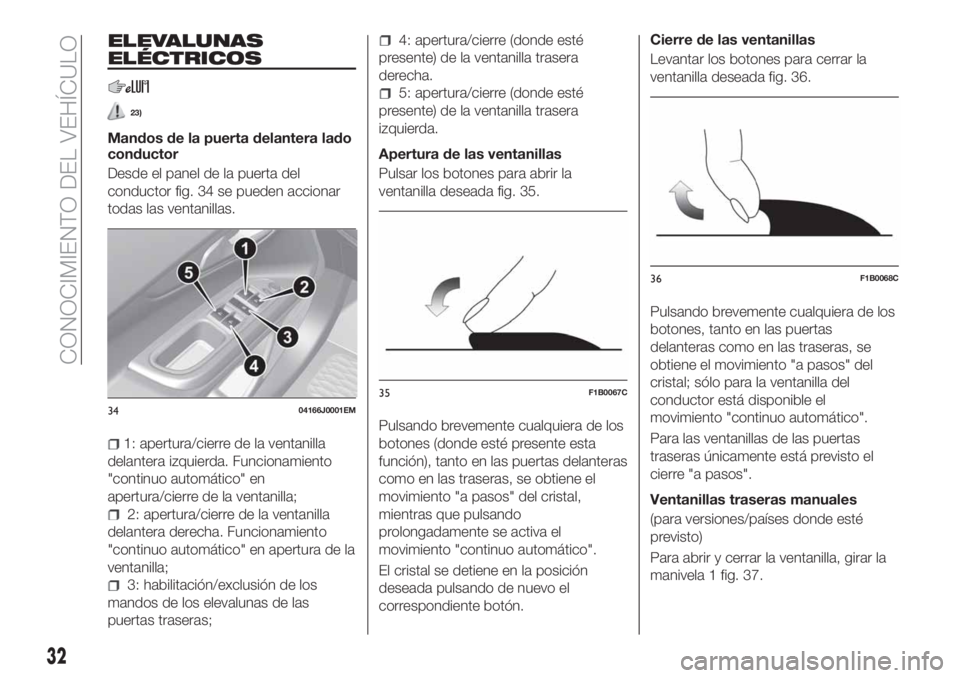 FIAT TIPO 4DOORS 2018 Manual de Empleo y Cuidado (in Spanish) ELEVALUNAS
ELÉCTRICOS
23)
Mandos de la puerta delantera lado
conductor
Desde el panel de la puerta del
conductor fig. 34 se pueden accionar
todas las ventanillas.
1: apertura/cierre de la ventanilla
FIAT TIPO 4DOORS 2018 Manual de Empleo y Cuidado (in Spanish) ELEVALUNAS
ELÉCTRICOS
23)
Mandos de la puerta delantera lado
conductor
Desde el panel de la puerta del
conductor fig. 34 se pueden accionar
todas las ventanillas.
1: apertura/cierre de la ventanilla