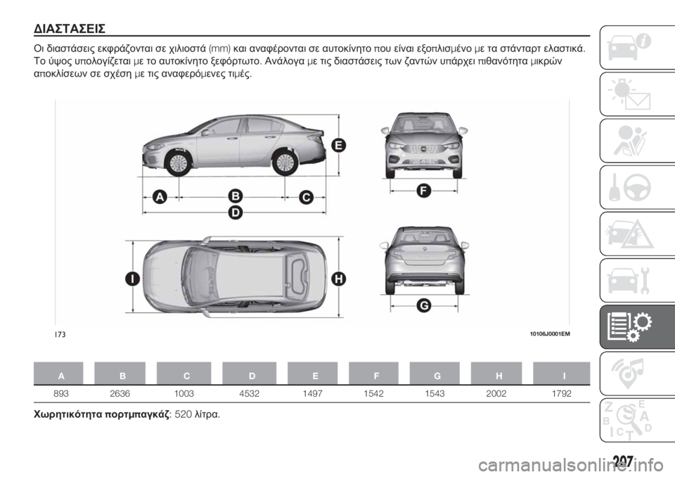 FIAT TIPO 4DOORS 2018  ΒΙΒΛΙΟ ΧΡΗΣΗΣ ΚΑΙ ΣΥΝΤΗΡΗΣΗΣ (in Greek) ΔΙΑΣΤΑΣΕΙΣ
Οι διαστάσεις εκφράζονται σε χιλιοστά(mm)και αναφέρονται σε αυτοκίνητοπου είναι εξοπλισμένομε τα 