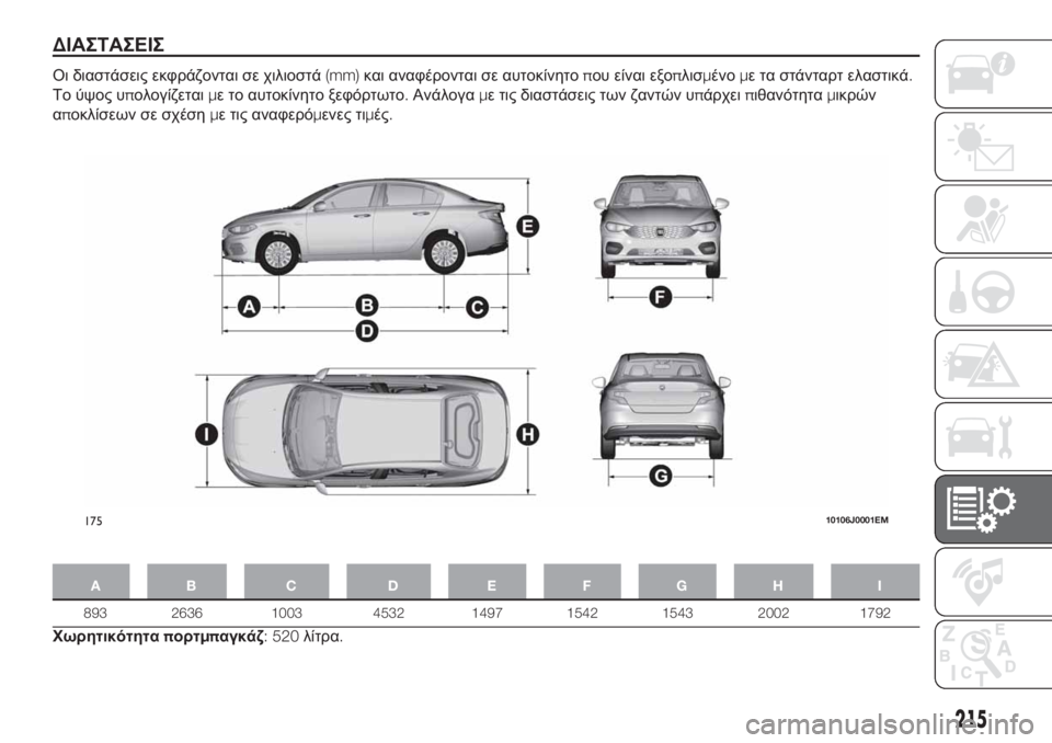 FIAT TIPO 4DOORS 2020  ΒΙΒΛΙΟ ΧΡΗΣΗΣ ΚΑΙ ΣΥΝΤΗΡΗΣΗΣ (in Greek) ΔΙΑΣΤΑΣΕΙΣ
Οι διαστάσεις εκφράζονται σε χιλιοστά(mm)και αναφέρονται σε αυτοκίνητοπου είναι εξοπλισμένομε τα 