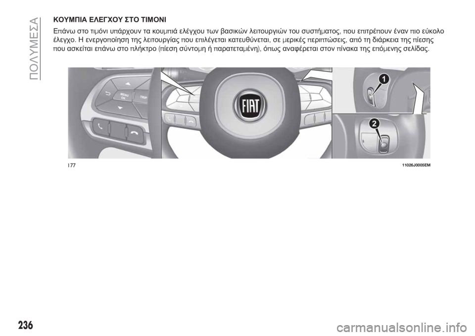 FIAT TIPO 4DOORS 2020  ΒΙΒΛΙΟ ΧΡΗΣΗΣ ΚΑΙ ΣΥΝΤΗΡΗΣΗΣ (in Greek) ΚΟΥΜΠΙΑ ΕΛΕΓΧΟΥ ΣΤΟ ΤΙΜΟΝΙ
Επάνω στο τιμόνι υπάρχουν τα κουμπιά ελέγχου των βασικών λειτουργιών του συστήμα