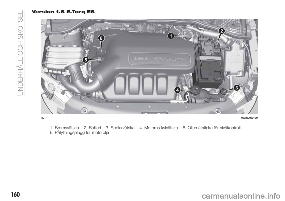 FIAT TIPO 4DOORS 2018  Drift- och underhållshandbok (in Swedish) Version 1.6 E.Torq E6
1. Bromsvätska 2. Batteri 3. Spolarvätska 4. Motorns kylvätska 5. Oljemätsticka för nivåkontroll
6. Påfyllningsplugg för motorolja
16009026J0004EM
160
UNDERHÅLL OCH SKÖ
