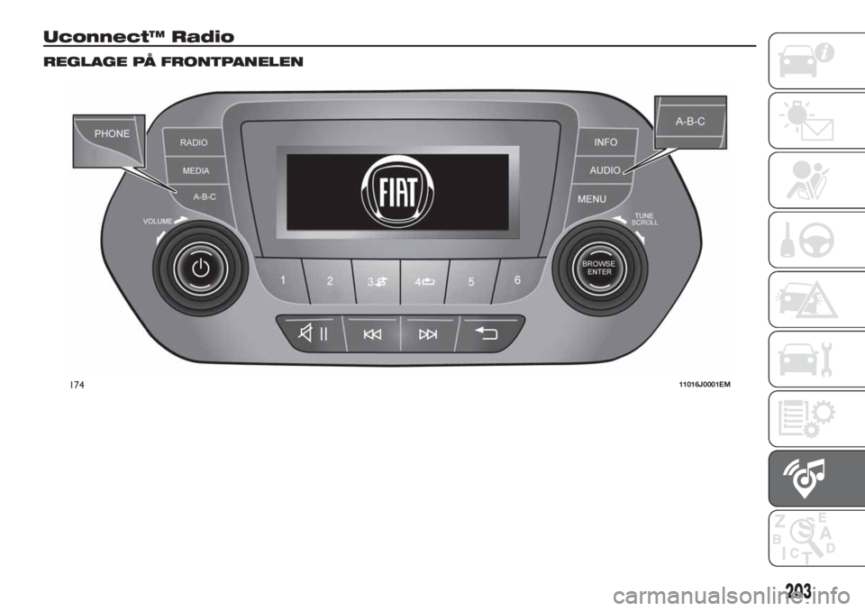 FIAT TIPO 4DOORS 2018  Drift- och underhållshandbok (in Swedish) Uconnect™ Radio
REGLAGE PÅ FRONTPANELEN
17411016J0001EM
203 