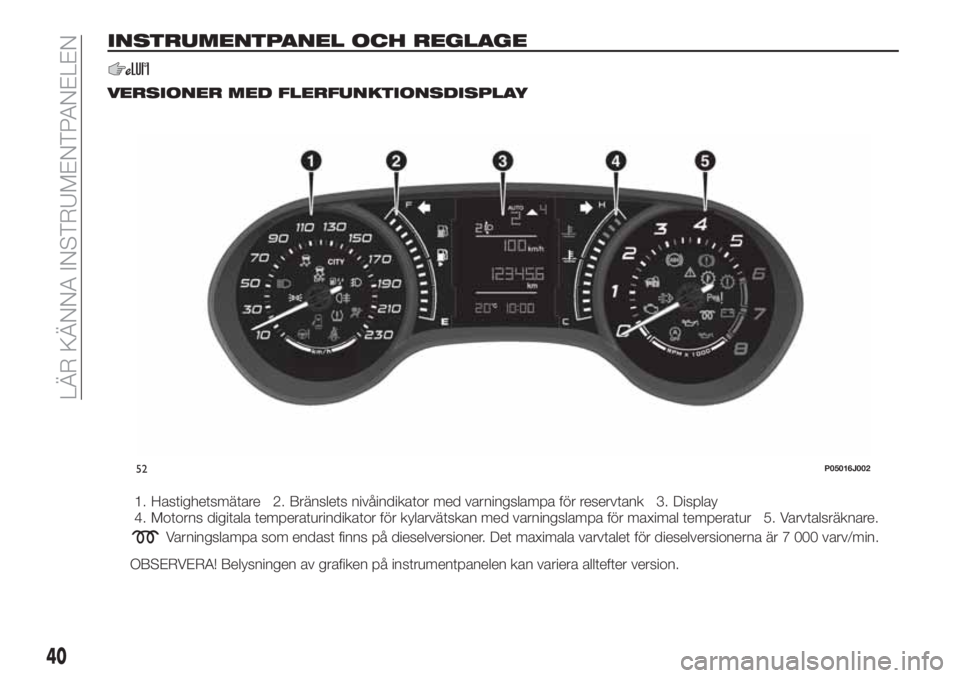 FIAT TIPO 4DOORS 2018  Drift- och underhållshandbok (in Swedish) INSTRUMENTPANEL OCH REGLAGE
VERSIONER MED FLERFUNKTIONSDISPLAY
1. Hastighetsmätare 2. Bränslets nivåindikator med varningslampa för reservtank 3. Display
4. Motorns digitala temperaturindikator f