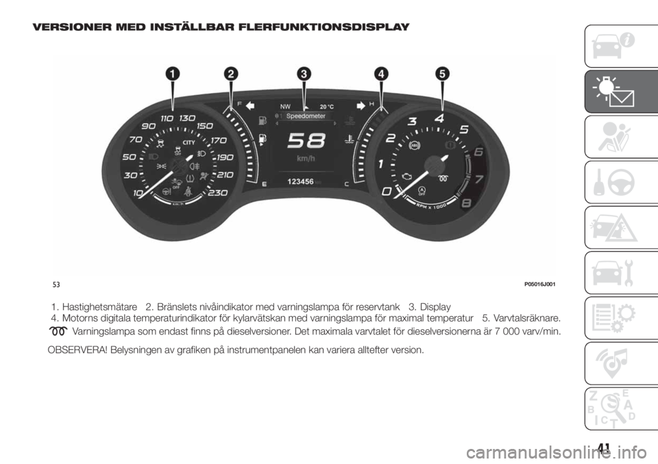 FIAT TIPO 4DOORS 2018  Drift- och underhållshandbok (in Swedish) VERSIONER MED INSTÄLLBAR FLERFUNKTIONSDISPLAY
1. Hastighetsmätare 2. Bränslets nivåindikator med varningslampa för reservtank 3. Display
4. Motorns digitala temperaturindikator för kylarvätskan