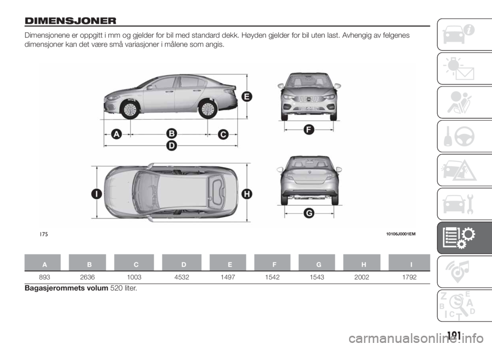 FIAT TIPO 4DOORS 2019  Drift- og vedlikeholdshåndbok (in Norwegian) DIMENSJONER
Dimensjonene er oppgitt i mm og gjelder for bil med standard dekk. Høyden gjelder for bil uten last. Avhengig av felgenes
dimensjoner kan det være små variasjoner i målene som angis.
A