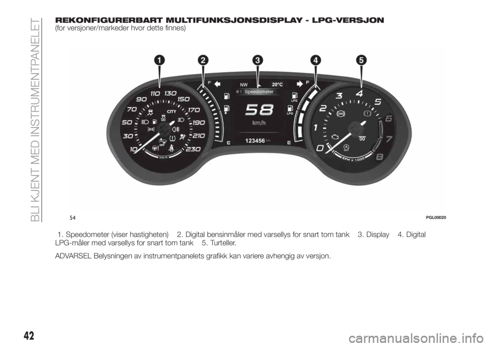 FIAT TIPO 4DOORS 2020  Drift- og vedlikeholdshåndbok (in Norwegian) REKONFIGURERBART MULTIFUNKSJONSDISPLAY - LPG-VERSJON(for versjoner/markeder hvor dette finnes)
1. Speedometer (viser hastigheten) 2. Digital bensinmåler med varsellys for snart tom tank 3. Display 4.