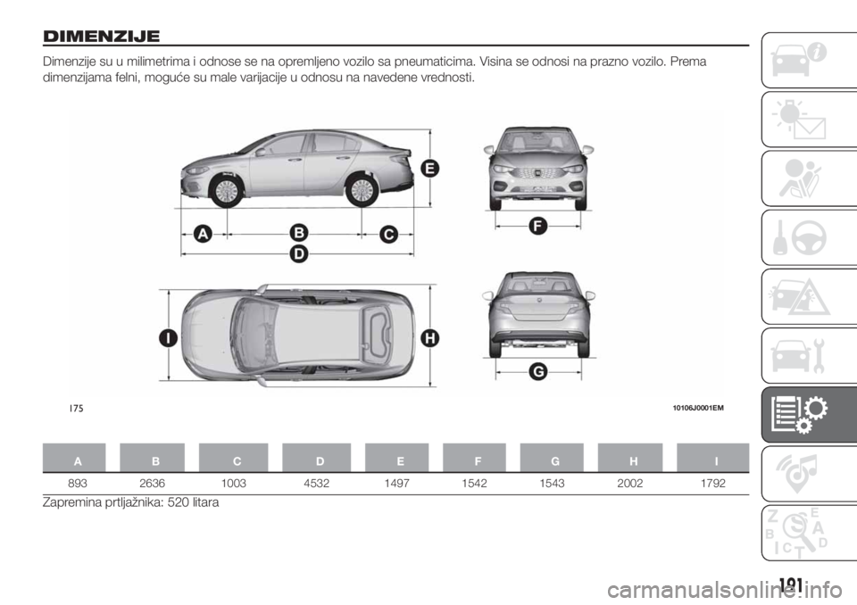FIAT TIPO 4DOORS 2019  Knjižica za upotrebu i održavanje (in Serbian) DIMENZIJE
Dimenzije su u milimetrima i odnose se na opremljeno vozilo sa pneumaticima. Visina se odnosi na prazno vozilo. Prema
dimenzijama felni, moguće su male varijacije u odnosu na navedene vredn