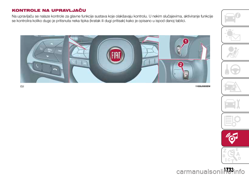FIAT TIPO 4DOORS 2019  Knjižica s uputama za uporabu i održavanje (in Croatian) 15111026J0005EM
173173
KONTROLE NA UPRAVLJAČU
Na upravljaču se nalaze kontrole za glavne funkcije sustava koje olakšavaju kontrolu. U nekim slučajevima, aktiviranje funkcije 
se kontrolira koliko 