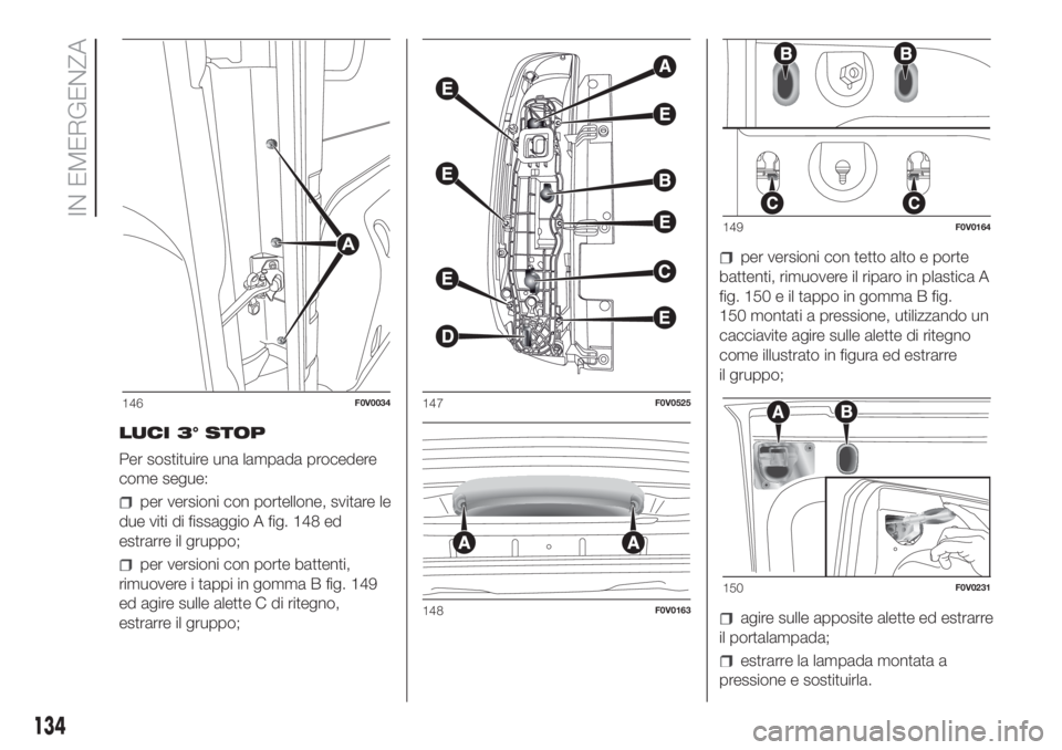 FIAT DOBLO PANORAMA 2018  Libretto Uso Manutenzione (in Italian) LUCI 3° STOP
Per sostituire una lampada procedere
come segue:
per versioni con portellone, svitare le
due viti di fissaggio A fig. 148 ed
estrarre il gruppo;
per versioni con porte battenti,
rimuover