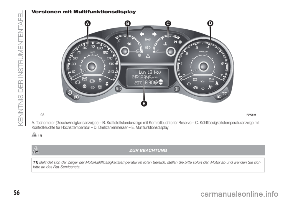 FIAT DOBLO PANORAMA 2018  Betriebsanleitung (in German) Versionen mit Multifunktionsdisplay
A. Tachometer (Geschwindigkeitsanzeiger) – B. Kraftstoffstandanzeige mit Kontrollleuchte für Reserve – C. Kühlflüssigkeitstemperaturanzeigemit
Kontrollleucht