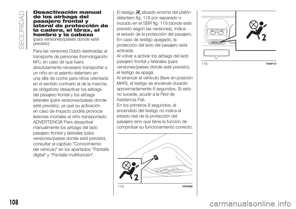 FIAT DOBLO PANORAMA 2018 Manual de Empleo y Cuidado (in Spanish) Desactivación manual
de los airbags del
pasajero frontal y
lateral de protección de
la cadera, el tórax, el
hombro y la cabeza
(para versiones/países donde esté
previsto)
Para las versiones Dobl FIAT DOBLO PANORAMA 2018 Manual de Empleo y Cuidado (in Spanish) Desactivación manual
de los airbags del
pasajero frontal y
lateral de protección de
la cadera, el tórax, el
hombro y la cabeza
(para versiones/países donde esté
previsto)
Para las versiones Dobl