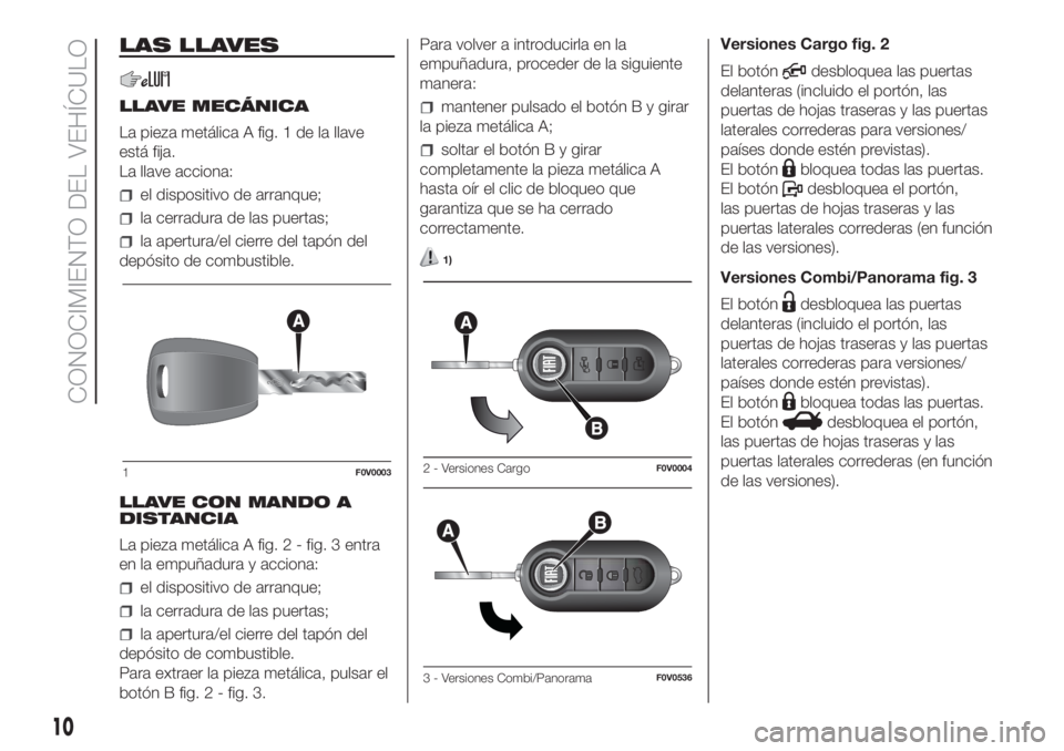 FIAT DOBLO PANORAMA 2018 Manual de Empleo y Cuidado (in Spanish) LAS LLAVES
LLAVE MECÁNICA
La pieza metálica A fig. 1 de la llave
está fija.
La llave acciona:
el dispositivo de arranque;
la cerradura de las puertas;
la apertura/el cierre del tapón del
depósito FIAT DOBLO PANORAMA 2018 Manual de Empleo y Cuidado (in Spanish) LAS LLAVES
LLAVE MECÁNICA
La pieza metálica A fig. 1 de la llave
está fija.
La llave acciona:
el dispositivo de arranque;
la cerradura de las puertas;
la apertura/el cierre del tapón del
depósito