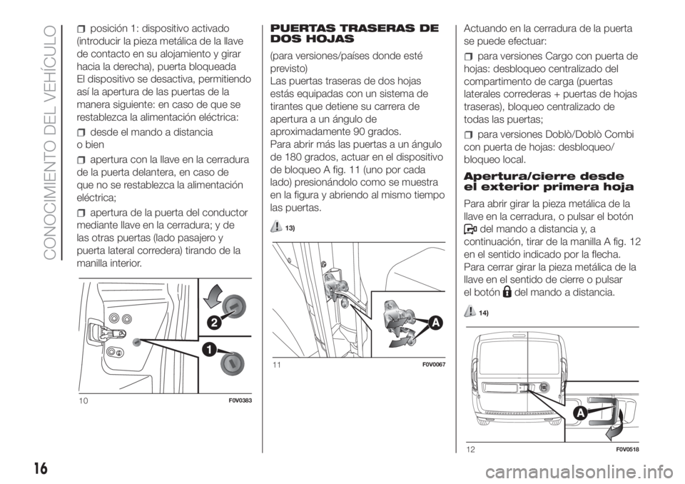 FIAT DOBLO PANORAMA 2018 Manual de Empleo y Cuidado (in Spanish) posición 1: dispositivo activado
(introducir la pieza metálica de la llave
de contacto en su alojamiento y girar
hacia la derecha), puerta bloqueada
El dispositivo se desactiva, permitiendo
así la FIAT DOBLO PANORAMA 2018 Manual de Empleo y Cuidado (in Spanish) posición 1: dispositivo activado
(introducir la pieza metálica de la llave
de contacto en su alojamiento y girar
hacia la derecha), puerta bloqueada
El dispositivo se desactiva, permitiendo
así la