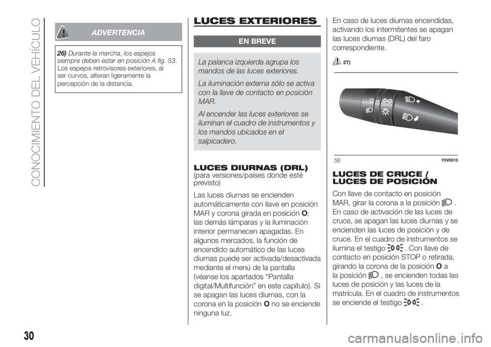 FIAT DOBLO PANORAMA 2018 Manual de Empleo y Cuidado (in Spanish) ADVERTENCIA
26)Durante la marcha, los espejos
siempre deben estar en posición A fig. 53.
Los espejos retrovisores exteriores, al
ser curvos, alteran ligeramente la
percepción de la distancia.
LUCES FIAT DOBLO PANORAMA 2018 Manual de Empleo y Cuidado (in Spanish) ADVERTENCIA
26)Durante la marcha, los espejos
siempre deben estar en posición A fig. 53.
Los espejos retrovisores exteriores, al
ser curvos, alteran ligeramente la
percepción de la distancia.
LUCES