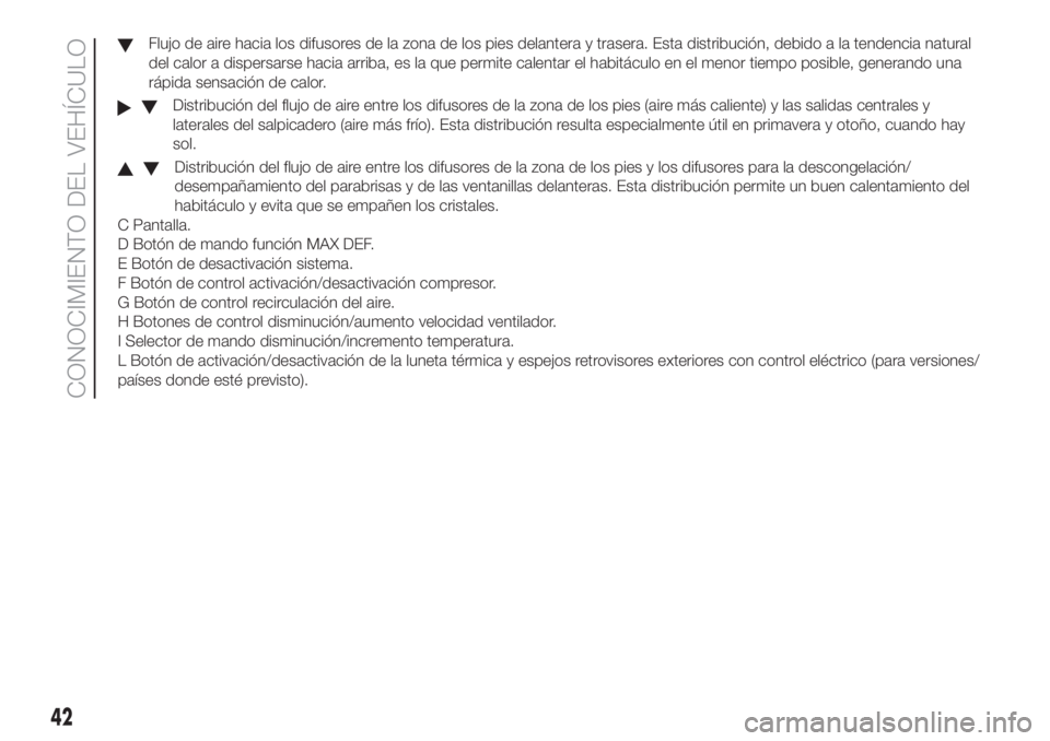 FIAT DOBLO PANORAMA 2018 Manual de Empleo y Cuidado (in Spanish) Flujo de aire hacia los difusores de la zona de los pies delantera y trasera. Esta distribución, debido a la tendencia natural
del calor a dispersarse hacia arriba, es la que permite calentar el habi FIAT DOBLO PANORAMA 2018 Manual de Empleo y Cuidado (in Spanish) Flujo de aire hacia los difusores de la zona de los pies delantera y trasera. Esta distribución, debido a la tendencia natural
del calor a dispersarse hacia arriba, es la que permite calentar el habi