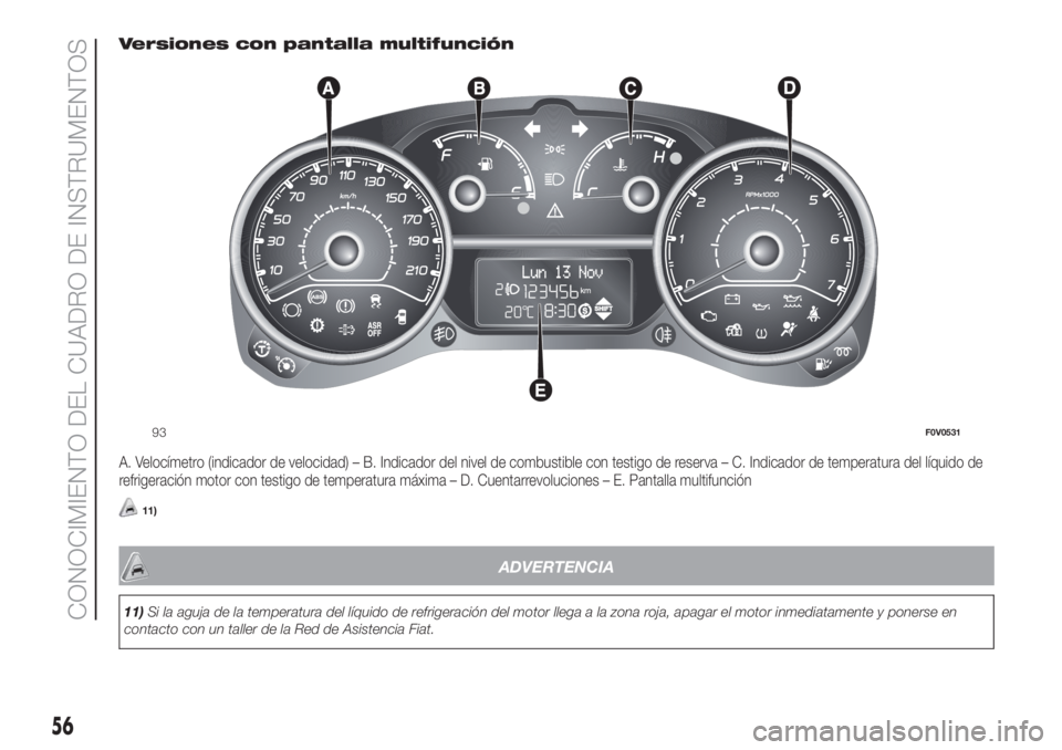 FIAT DOBLO PANORAMA 2018  Manual de Empleo y Cuidado (in Spanish) Versiones con pantalla multifunción
A. Velocímetro (indicador de velocidad) – B. Indicador del nivel de combustible con testigo de reserva – C. Indicador de temperatura del líquido de
refrigera