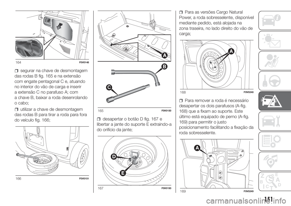 FIAT DOBLO PANORAMA 2018  Manual de Uso e Manutenção (in Portuguese) segurar na chave de desmontagem
das rodas B fig. 165 e na extensão
com engate pentagonal C e, atuando
no interior do vão de carga e inserir
a extensão C no parafuso A; com
a chave B, baixar a roda 