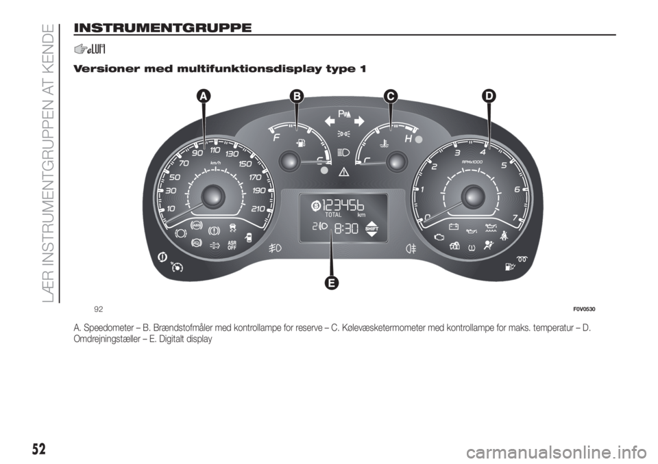 FIAT DOBLO PANORAMA 2018  Brugs- og vedligeholdelsesvejledning (in Danish) INSTRUMENTGRUPPE
.
Versioner med multifunktionsdisplay type 1
A. Speedometer – B. Brændstofmåler med kontrollampe for reserve – C. Kølevæsketermometer med kontrollampe for maks. temperatur –